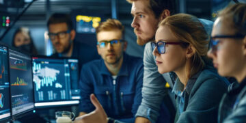 Team analyzing data visualizations on multiple monitors, representing the data from the top knowledge management software.